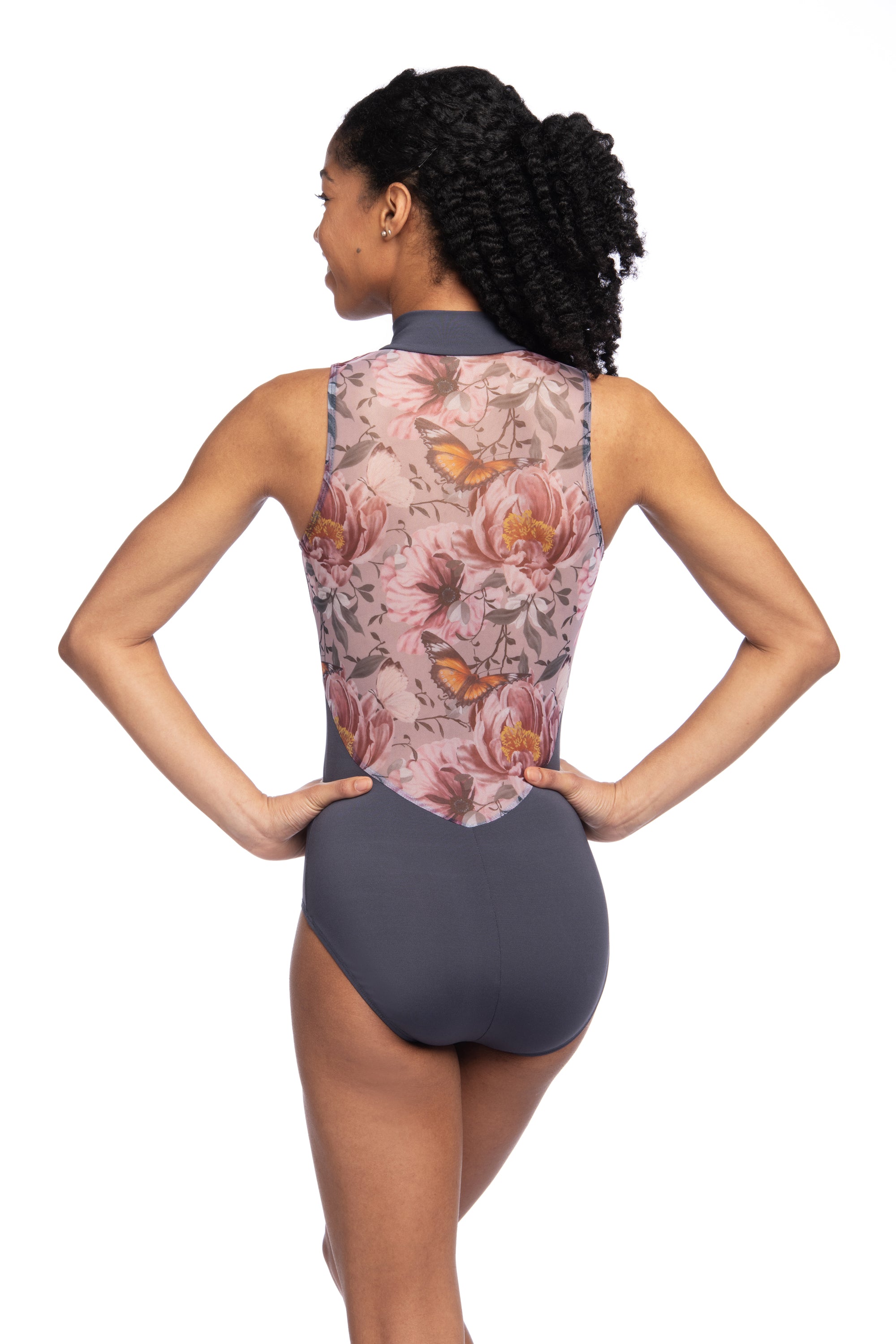 Ainsliewear Zip Front Leotard with Butterfly Bloom Print